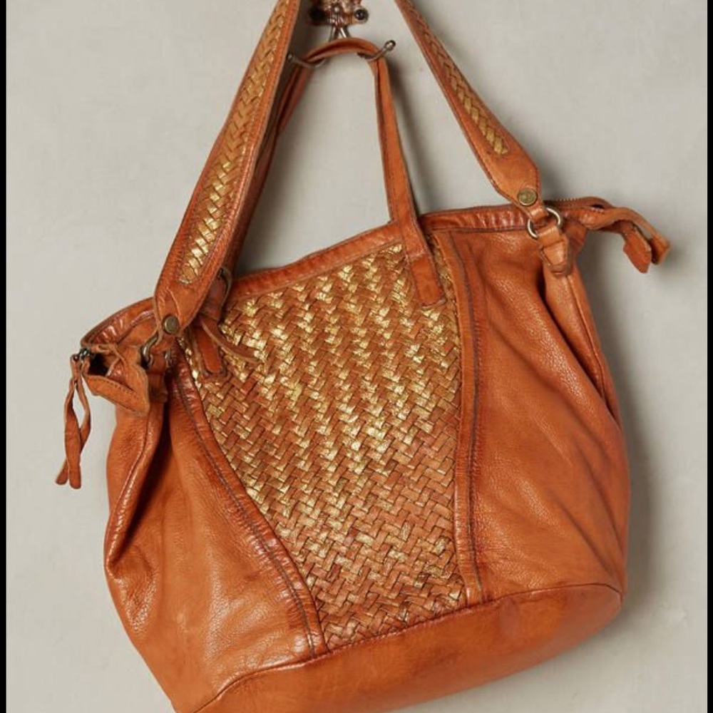 Anthropologie Tano Loretto Woven leather cognac and Gold Shoulder Bag